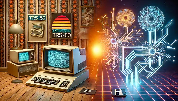 The author created this image with DALL-E. It shows the evolution from the TRS-80 to modern Ai.